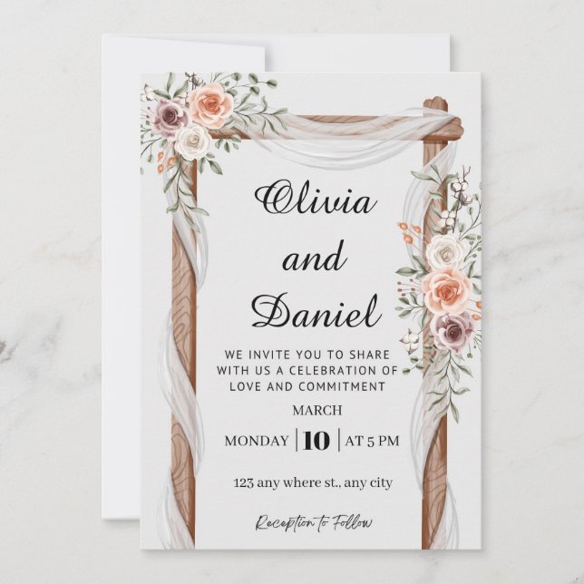 Rustic Floral Wood Arch Wedding Invitation (Front)