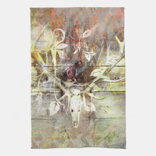 Rustic Floral Wood Grain Stag Skull Antlers Kitchen Towel