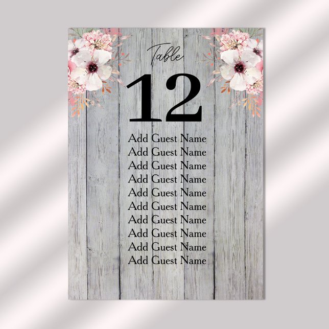 Rustic Floral Wood Table Number Seating Chart (Stylishly Personalize with Your Custom Table Number & Guest Names.)