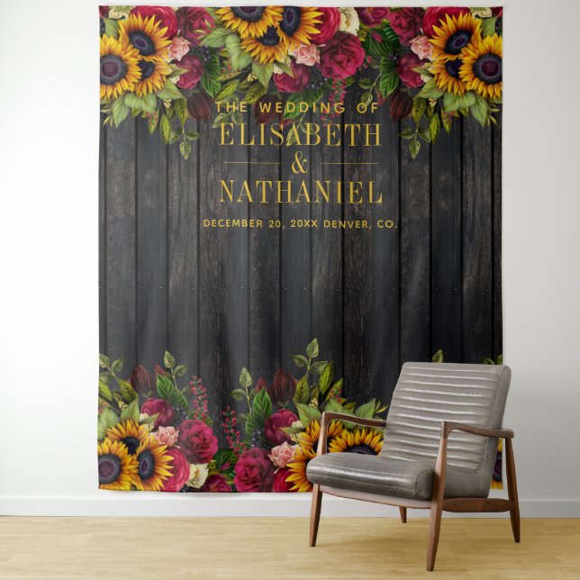 Rustic floral wood wedding photo booth backdrop tapestry (In Situ)