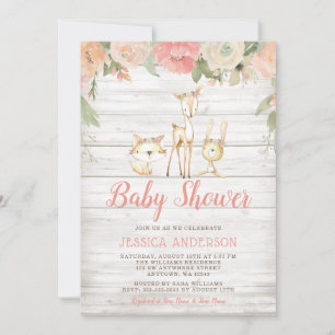 Rustic Floral Woodland Animals Girl Baby Shower Invitation