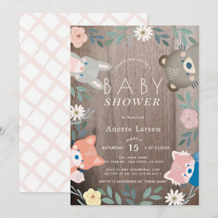 Rustic Floral Woodland Animals Pink Baby Shower Invitation