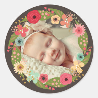 Rustic Floral Wreath Baby Girl Photo Stickers