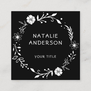 Rustic Floral Wreath Black Square Business Card