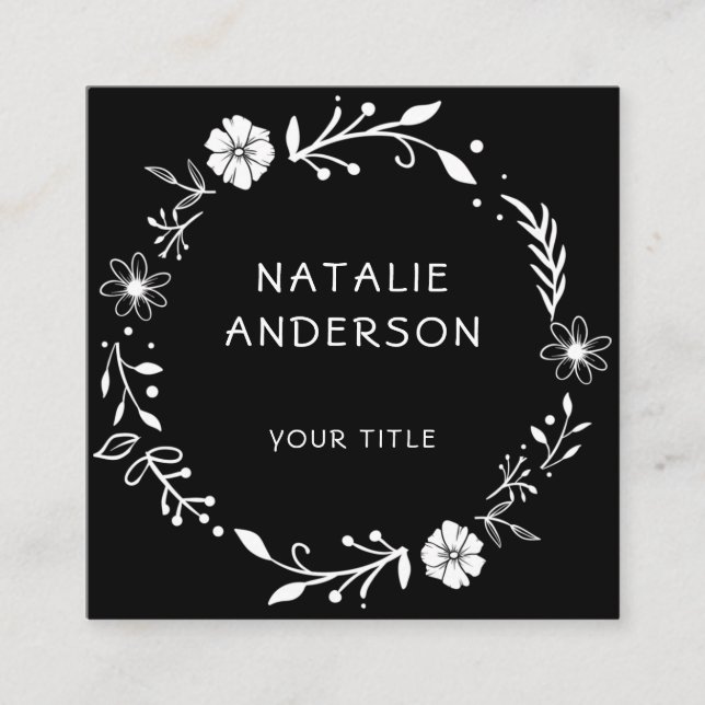 Rustic Floral Wreath Black Square Business Card (Front)