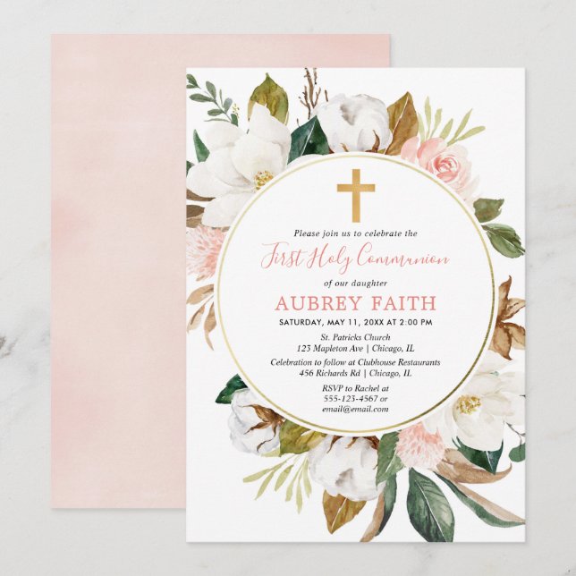 Rustic floral wreath blush pink first communion invitation (Front/Back)