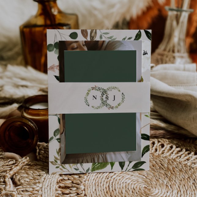 Rustic floral wreath initials wedding invitation belly band (Creator Uploaded)
