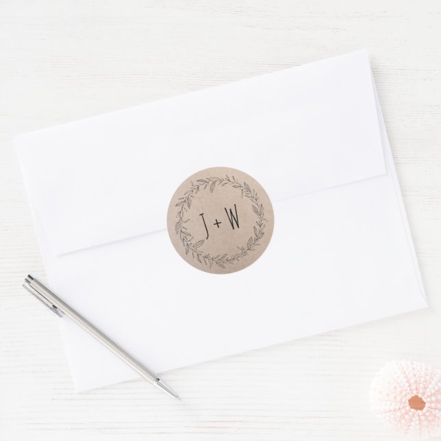 Rustic Floral Wreath Kraft Paper Monogram Classic Round Sticker (Envelope)