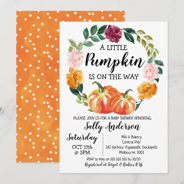Rustic Floral Wreath Little Pumpkin Baby Shower Invitation (Front/Back)
