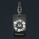 Rustic Floral Wreath Monogram Black and White Luggage Tag<br><div class="desc">A modern luggage tag with rustic touch; floral wreath with monogram inside. Surname on the front with full name and address on the back.</div>