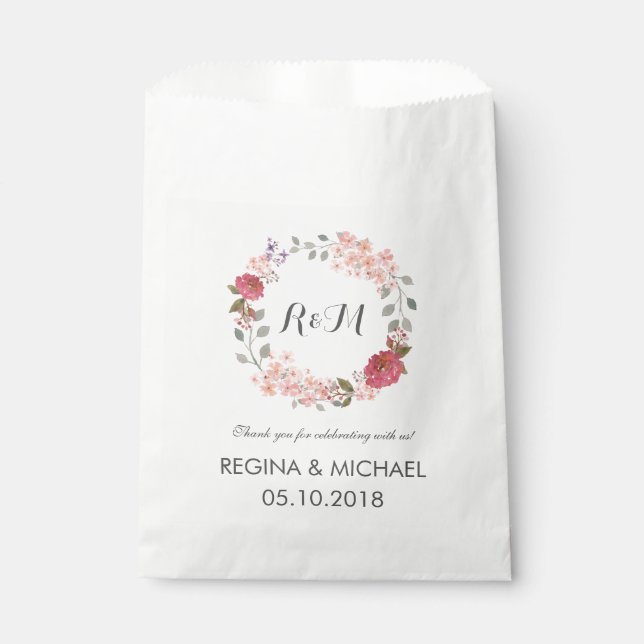 Rustic Floral Wreath Monogram Wedding Favour Bag (Front)