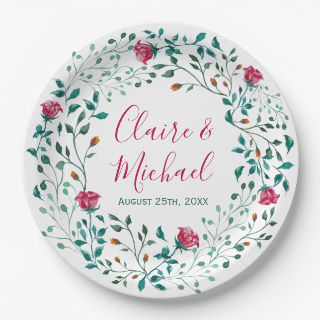 Rustic Floral Wreath | Personalized Wedding Paper Plate (Front)