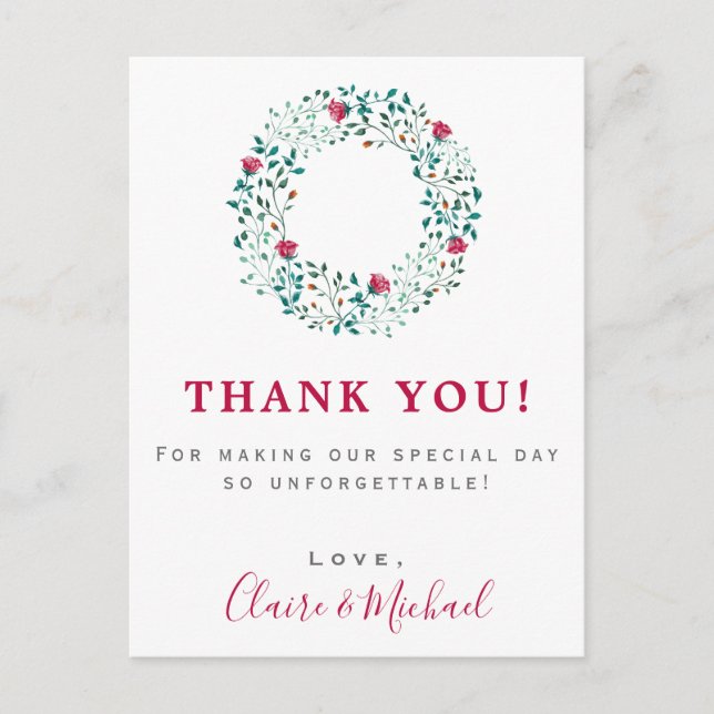 Rustic Floral Wreath | Thank You Wedding Postcard (Front)