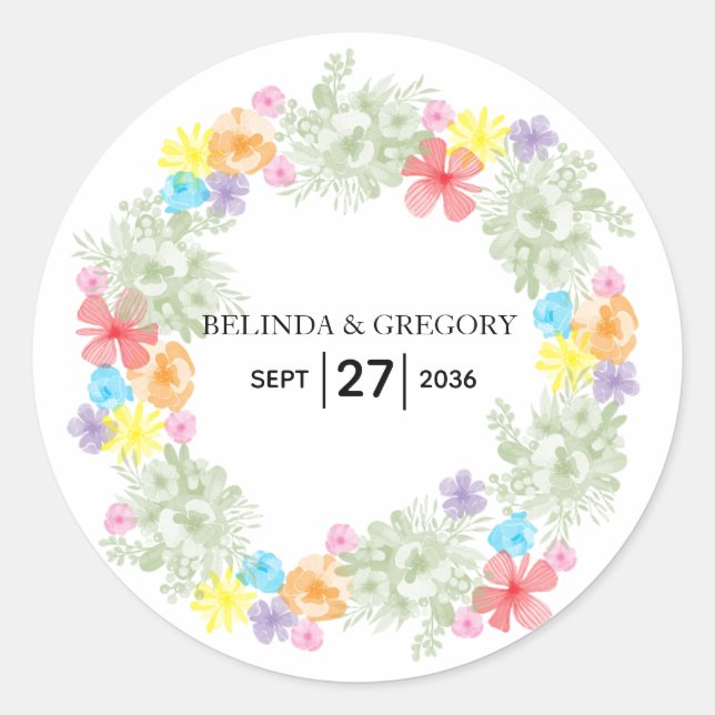 Rustic Floral Wreath Wedding Classic Round Sticker (Front)