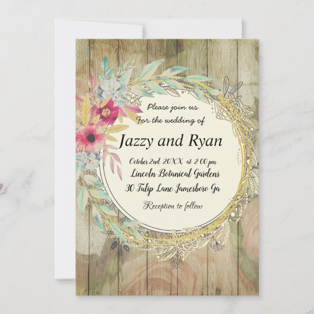 Rustic floral wreath wedding invitation (Front)
