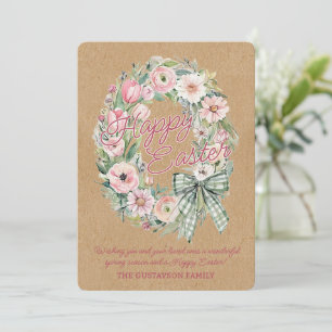 Rustic Floral Wreath White Sage Green Plaid Bow Holiday Card