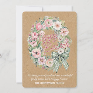 Rustic Floral Wreath White Sage Green Plaid Bow Holiday Card