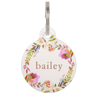 Rustic Floral Wreath with Pet's Name and Phone Pet Tag