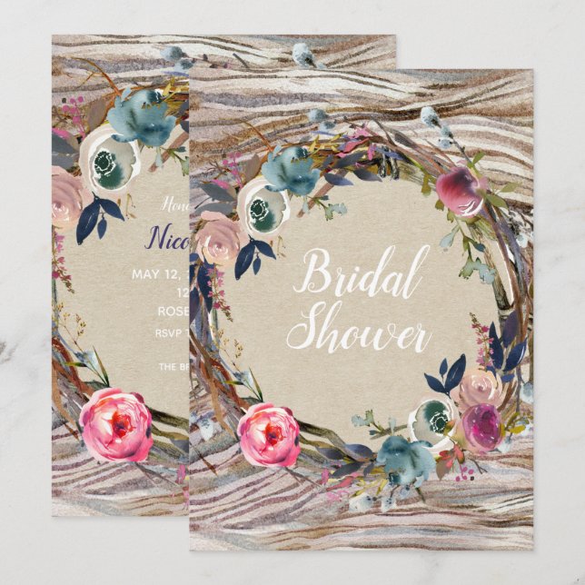 Rustic Floral Wreath Wood Grain Bridal Shower Invitation (Front/Back)