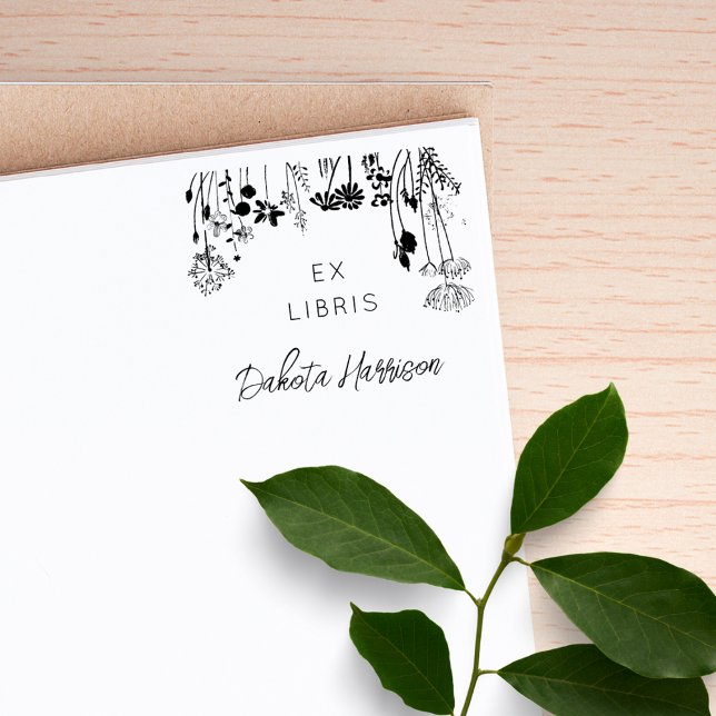 Rustic Florals Modern Script Custom Library Book Rubber Stamp (Creator Uploaded)