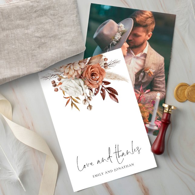 Rustic Florals Photo Love Thanks Wedding Thank You Card (Creator Uploaded)