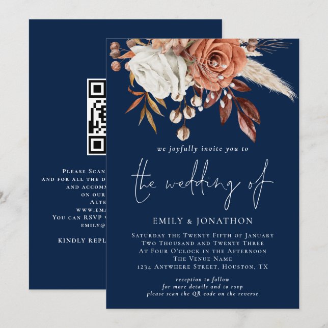 Rustic Florals QR Code Navy Blue Wedding Invitation (Front/Back)