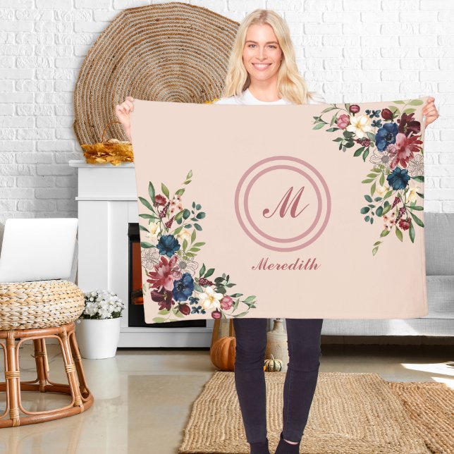 Rustic Florals Thanksgiving Custom Monogram Fleece Blanket (Creator Uploaded)