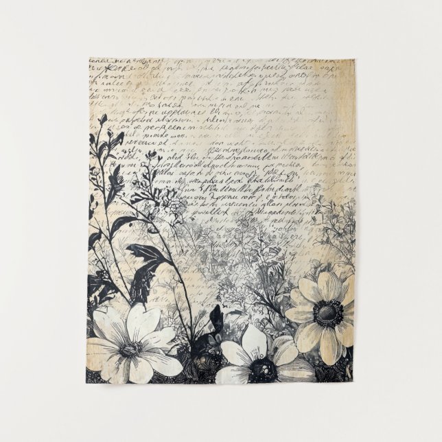 Rustic Flower and Calligraphy - Aged Brown Paper 1 Tapestry (Front)