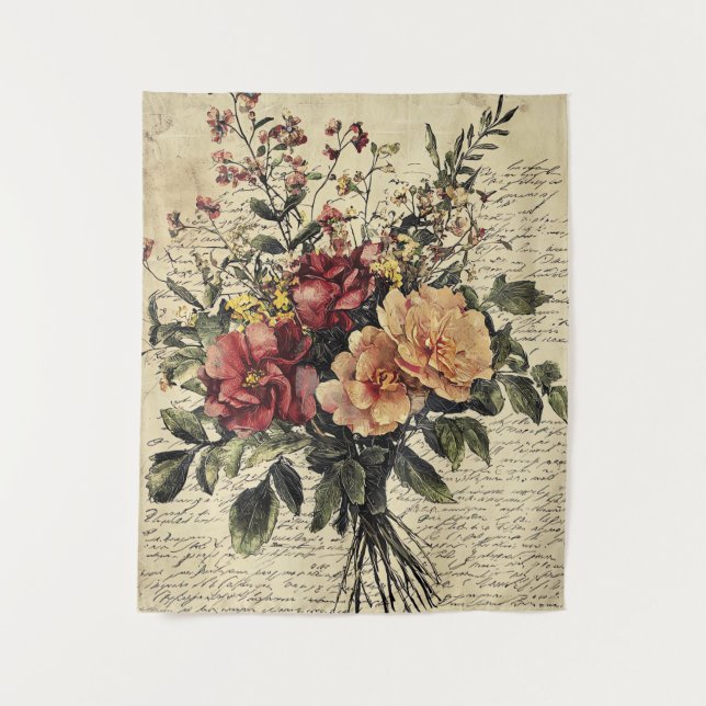 Rustic Flower and Calligraphy - Aged Brown Paper 2 Tapestry (Front)