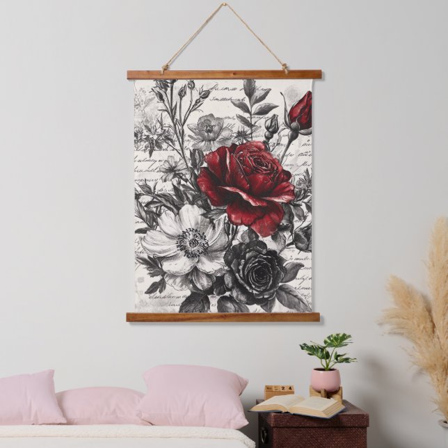 Rustic Flower and Calligraphy - Aged Brown Paper 3 Hanging Tapestry (Bedroom)