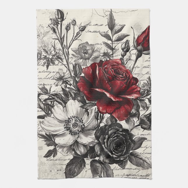 Rustic Flower and Calligraphy - Aged Brown Paper 3 Kitchen Towel (Vertical)