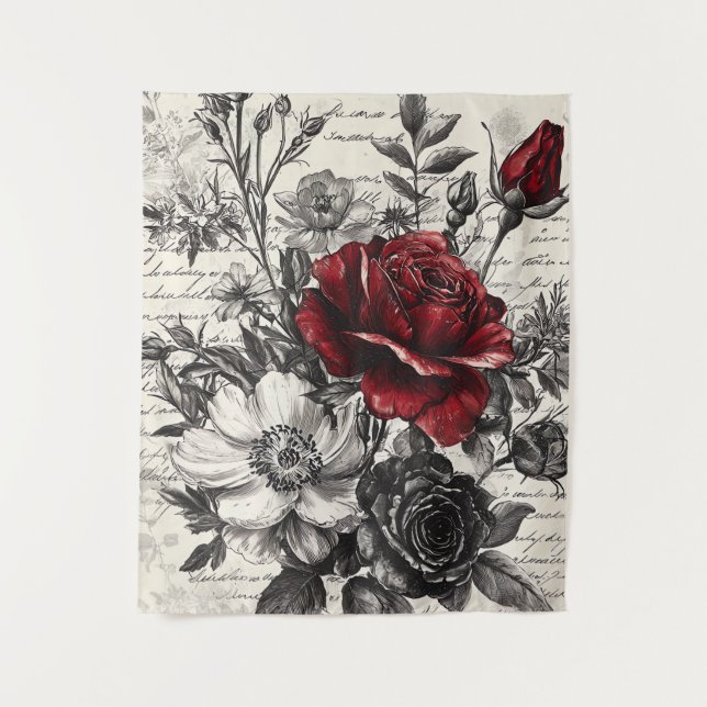 Rustic Flower and Calligraphy - Aged Brown Paper 3 Tapestry (Front)