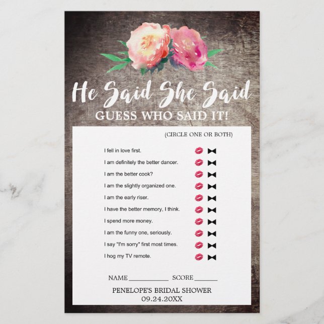 Rustic Flower Bouquet "He Said She Said" Quiz Game (Front)
