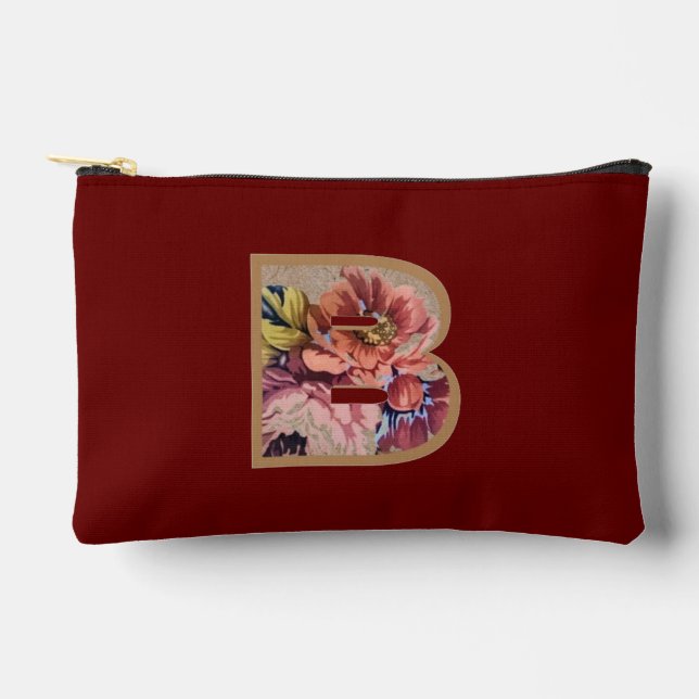 Rustic Flower Initial B Burgundy Accessory Pouch (Front)