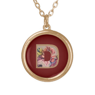 Rustic Flower Initial D Burgundy Gold Plated Necklace