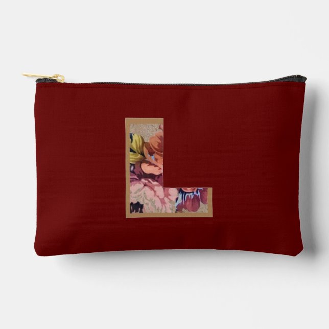 Rustic Flower Initial L Burgundy Accessory Pouch (Front)