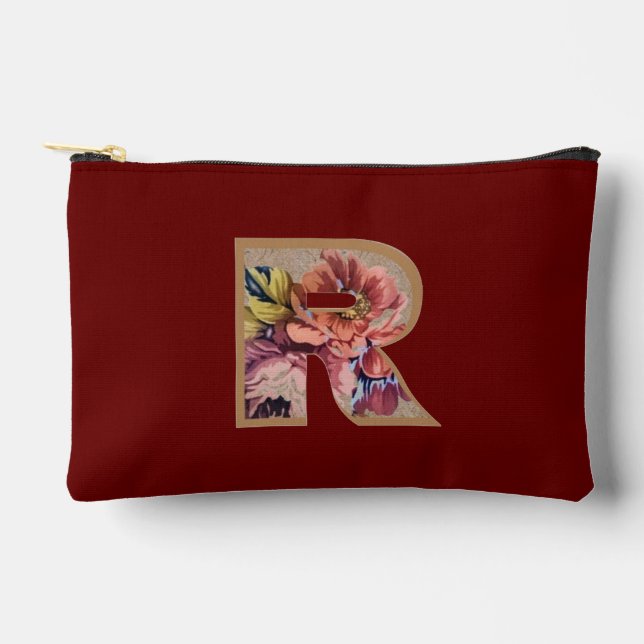 Rustic Flower Initial R Burgundy Accessory Pouch (Front)