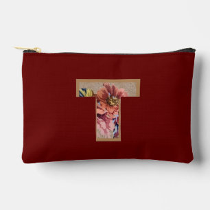 Rustic Flower Initial T Burgundy Accessory Pouch