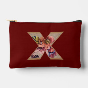 Rustic Flower Initial X Burgundy Accessory Pouch