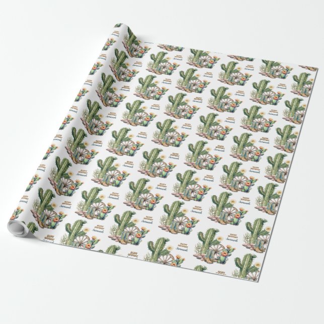 Rustic Flowering Cactus Boots Name Happy Birthday Wrapping Paper (Unrolled)