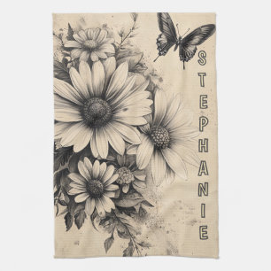 Rustic Flowers and Butterfly - Aged Paper (11) Kitchen Towel