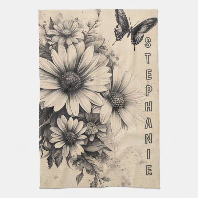 Rustic Flowers and Butterfly - Aged Paper (11) Kitchen Towel (Vertical)