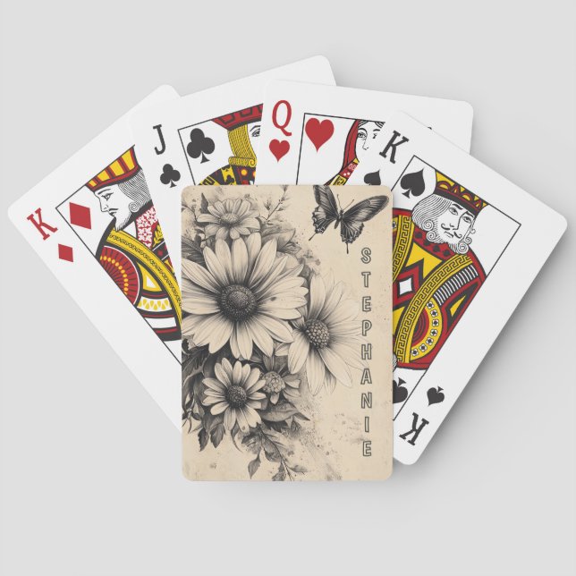 Rustic Flowers and Butterfly - Aged Paper (11) Playing Cards (Back)