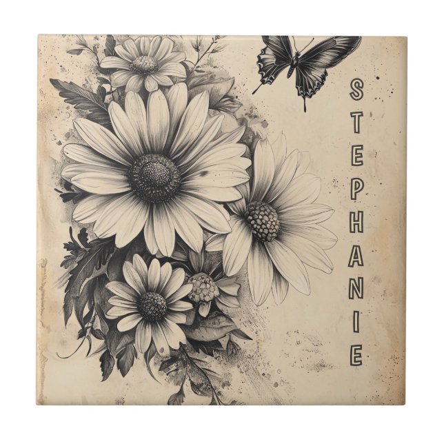 Rustic Flowers and Butterfly - Aged Paper (11) Tile (Front)