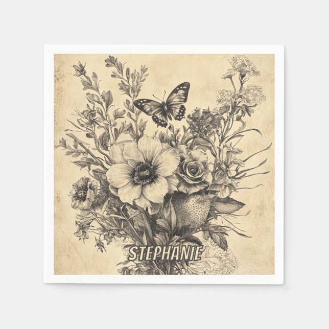 Rustic Flowers and Butterfly - Aged Paper (12) Napkin (Front)