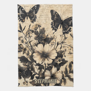 Rustic Flowers and Butterfly - Aged Paper (13) Kitchen Towel