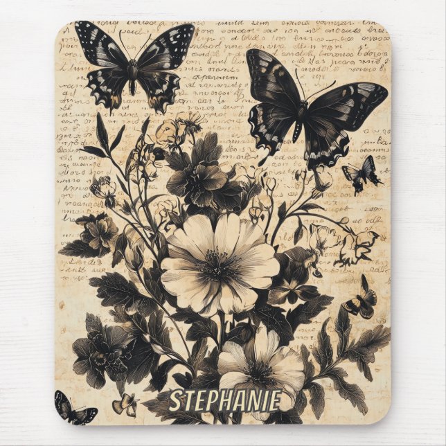 Rustic Flowers and Butterfly - Aged Paper (13) Mouse Pad (Front)