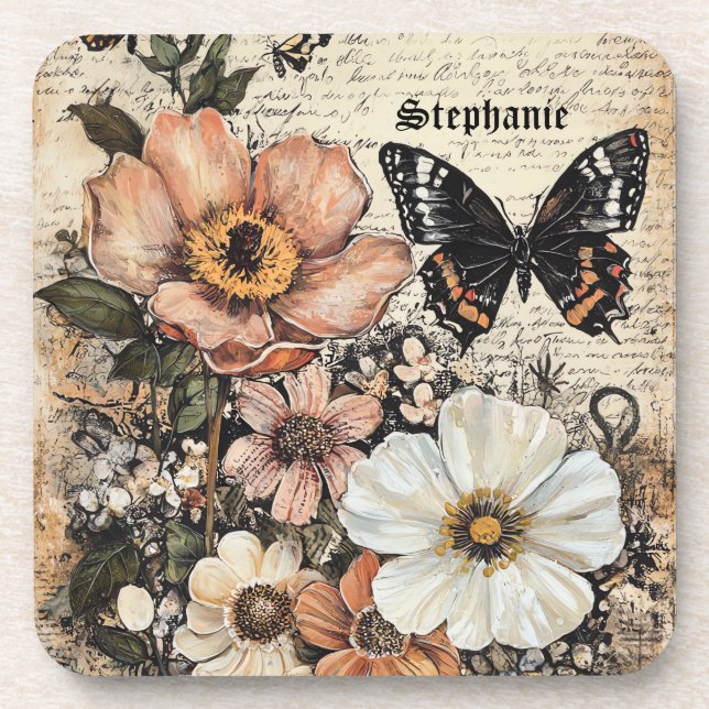 Rustic Flowers and Butterfly - Aged Paper (14) Coaster (Front)