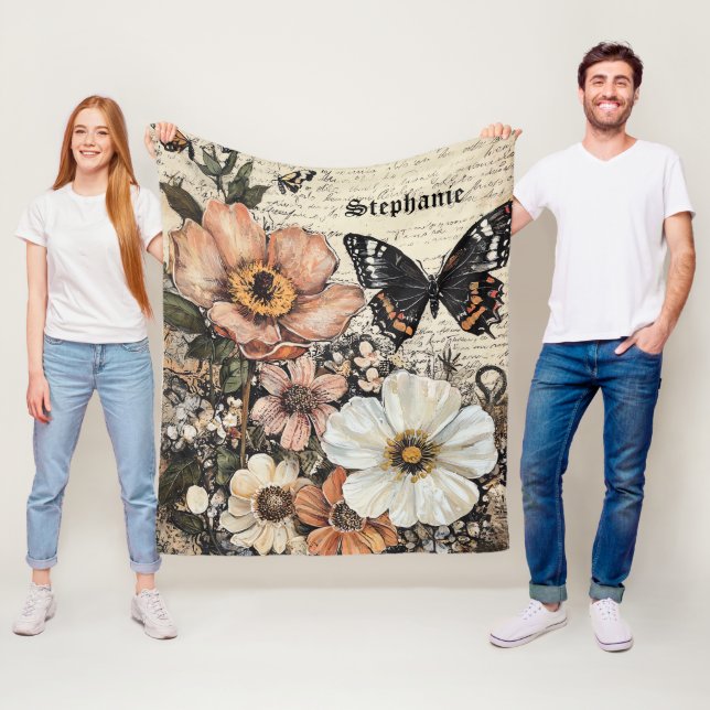 Rustic Flowers and Butterfly - Aged Paper (14) Fleece Blanket (In Situ)