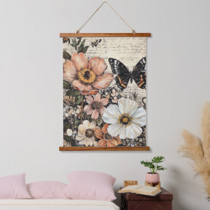 Rustic Flowers and Butterfly - Aged Paper (14) Hanging Tapestry